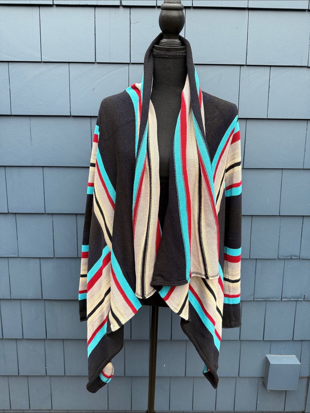 Open-Front Women's Stripe Knit Cardigan - Black, Turquoise & Red medium drape